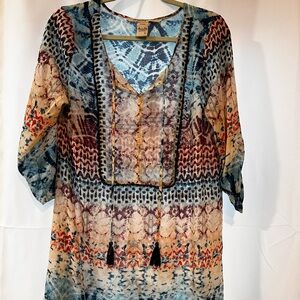 American Rag Swimsuit Cover Up Dress Patchwork Print Boho Tassels Large